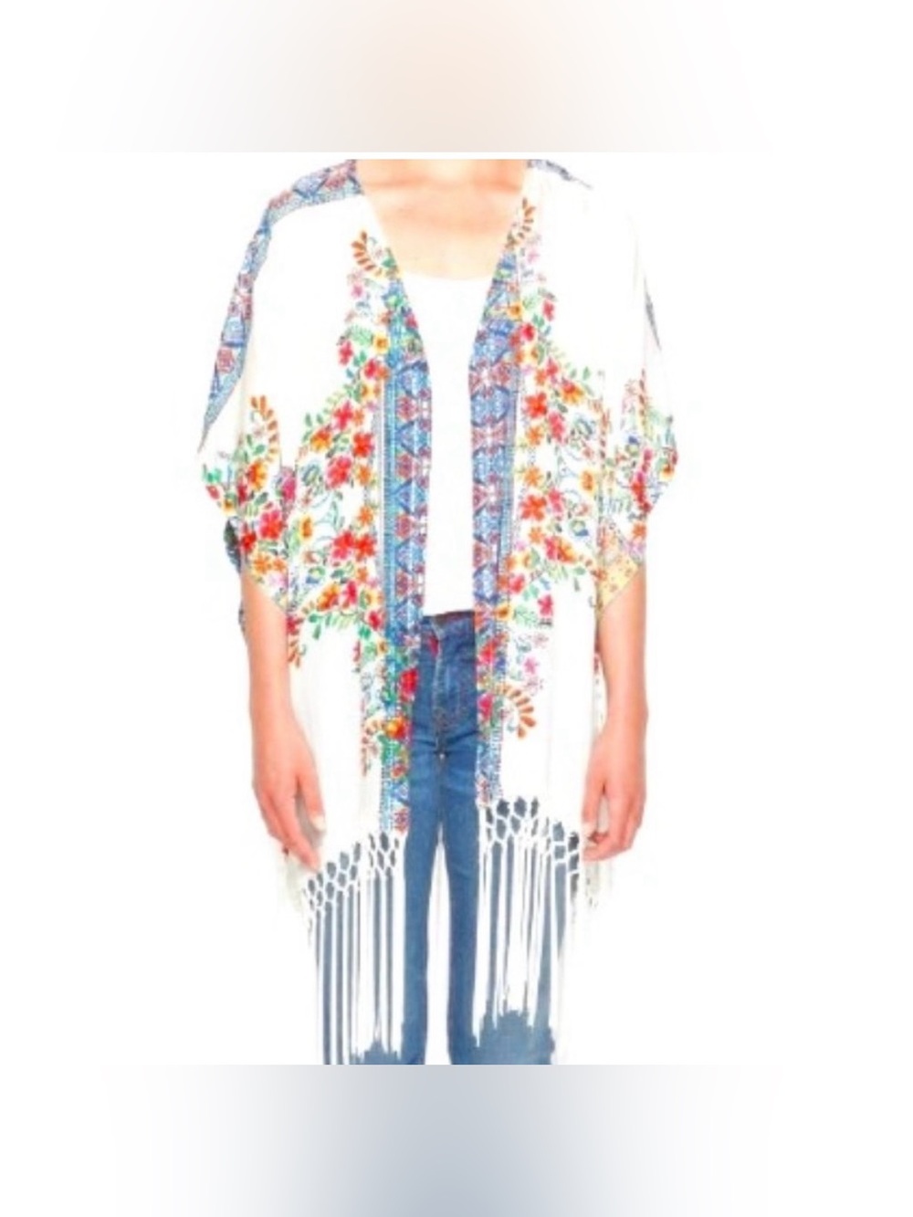 Johnny Was 100% Silk Mosaic Floral Fringe Kimono Duster Size XL